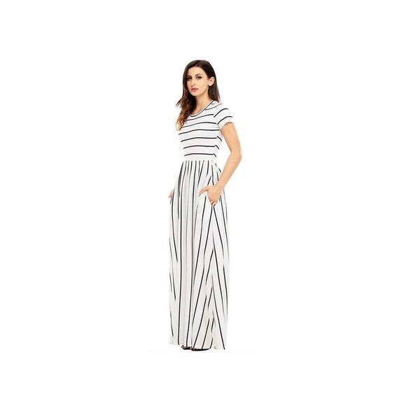 Women's White Black Striped Short Sleeve Maxi Dress With Pockets Small - Picture 1 of 8